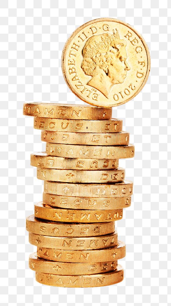 Coins stack png sticker, UK one pound sterling, money image on transparent background. Location unknown, 4 MAY 2017.