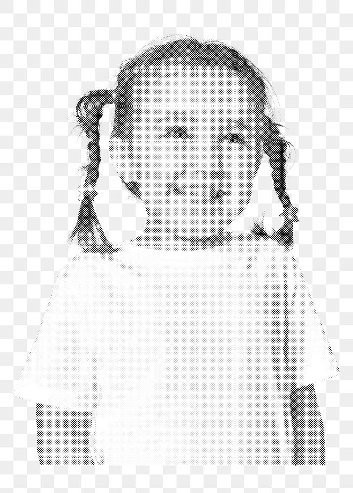 Png smiling little girl sticker, black and white, transparent background