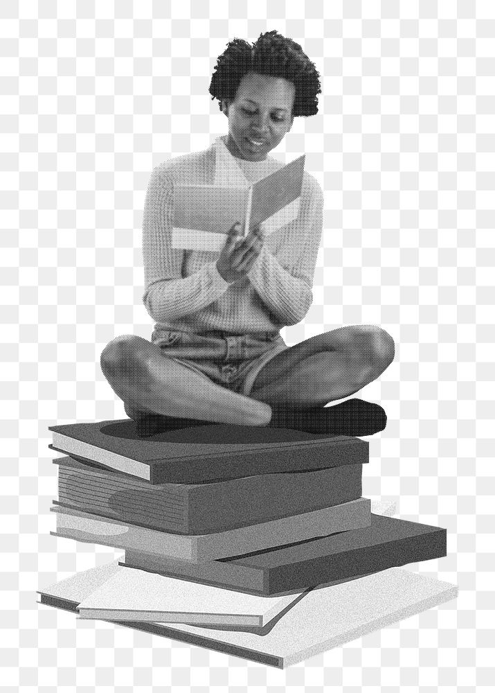 Png African woman reading book sticker, education black and white, transparent background