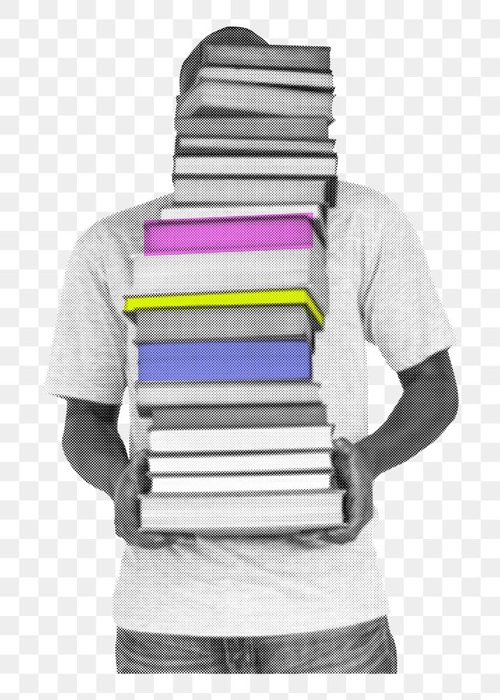 Png man carrying books sticker, education color pop design, transparent background