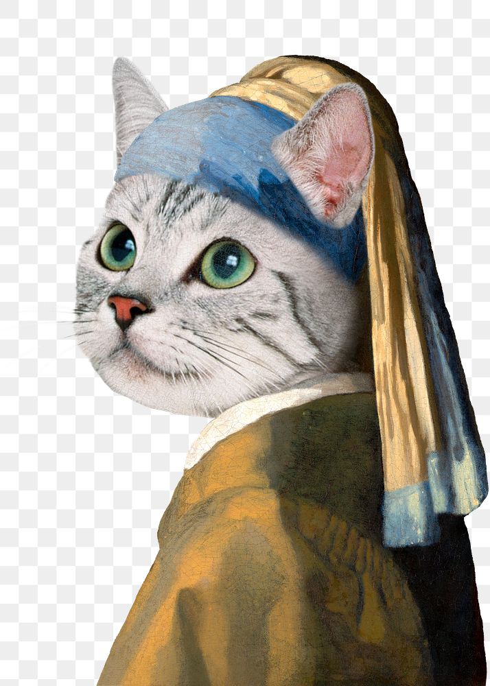 Png cat head woman sticker, Johannes Vermeer's artwork remixed by rawpixel, transparent background