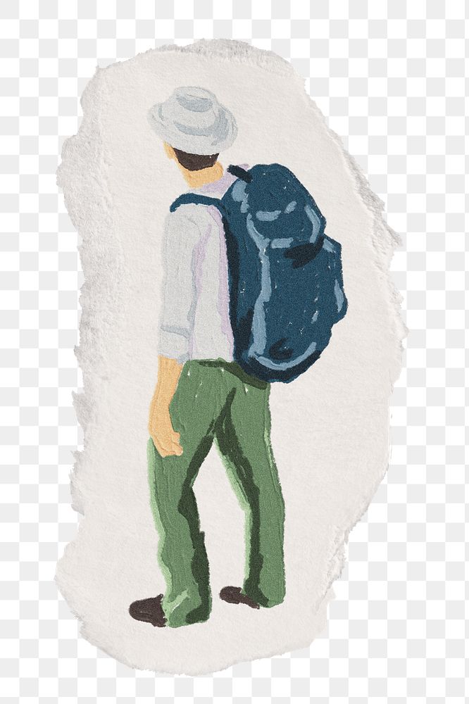 Backpacker png sicker, hobby, ripped paper design transparent background