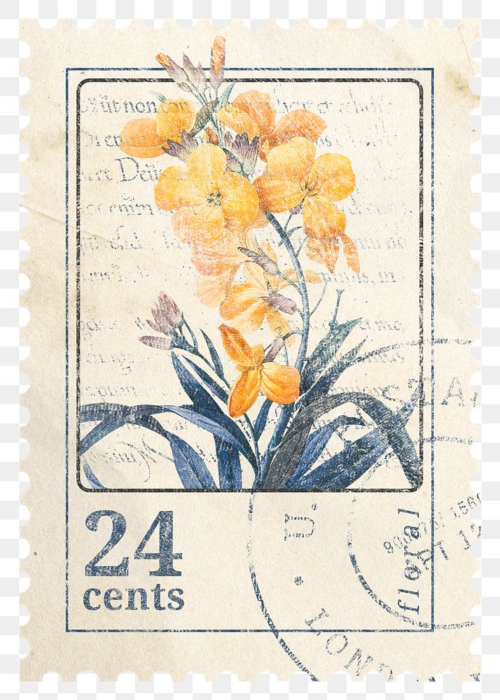 Png flower postage stamp sticker, ephemera graphic, transparent background