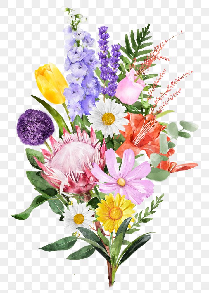 PNG watercolor flower bouquet, spring collage element, transparent background