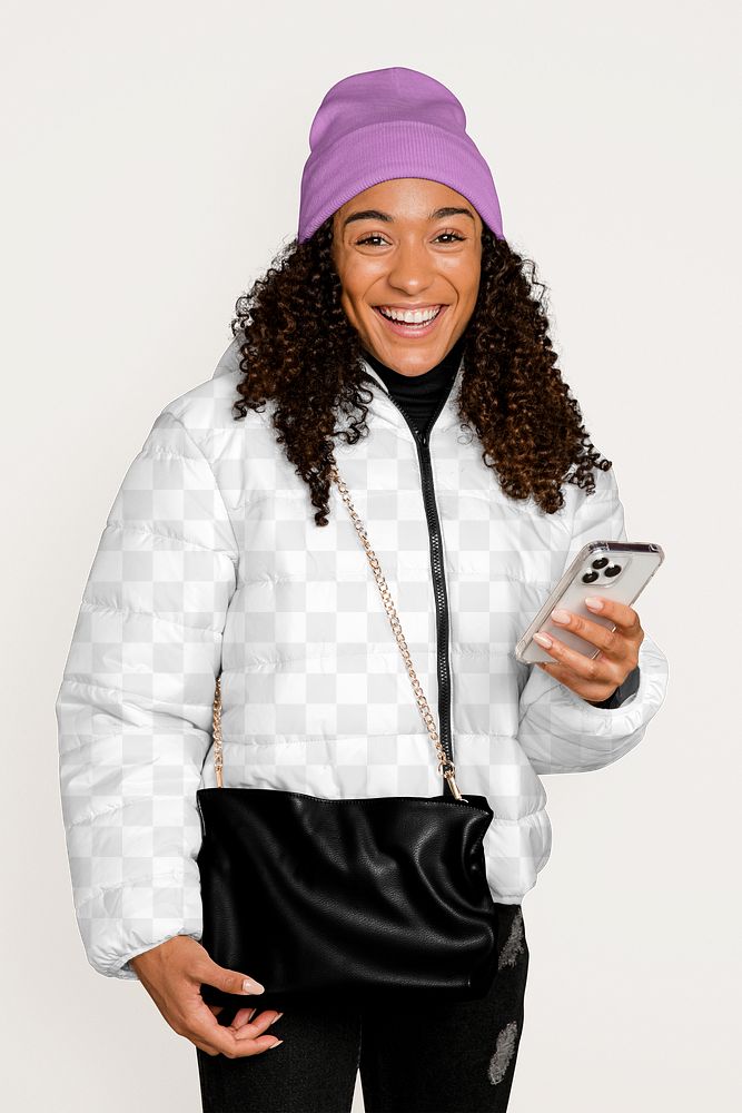 Puffer jacket png mockup, women's winter fashion, transparent design