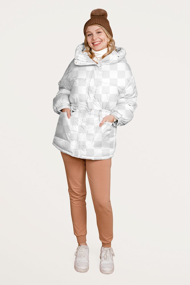 Down jacket png mockup, women's winter fashion, transparent design