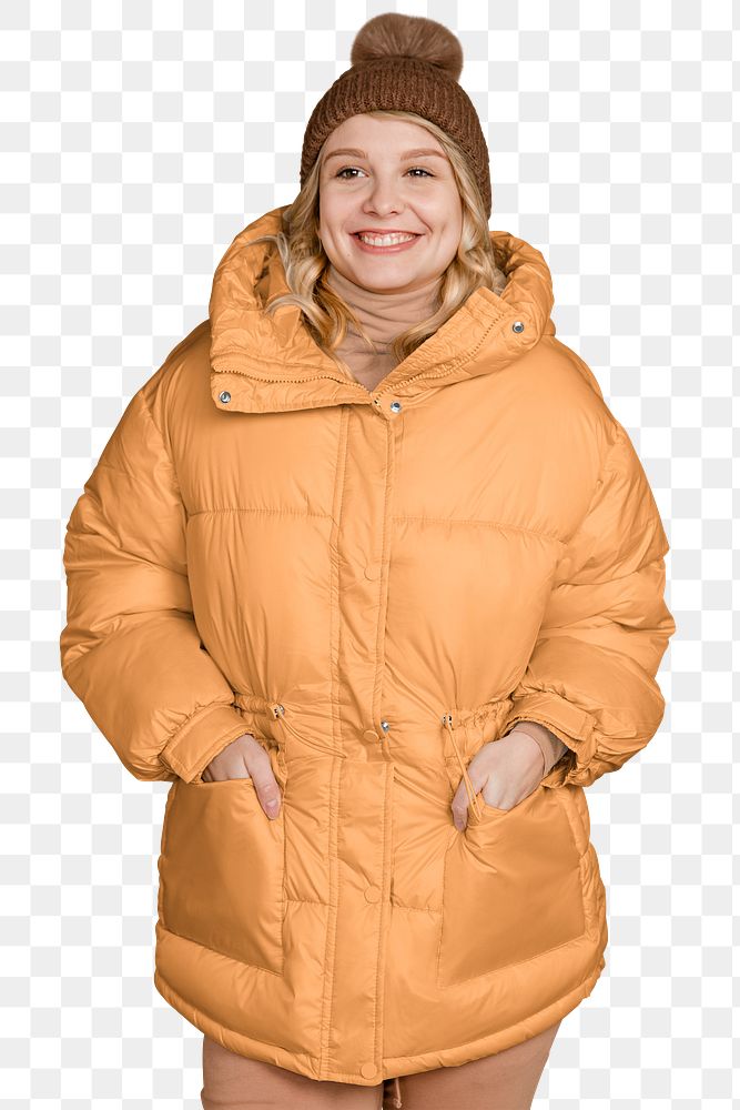 Woman in puffer jacket png sticker, transparent background