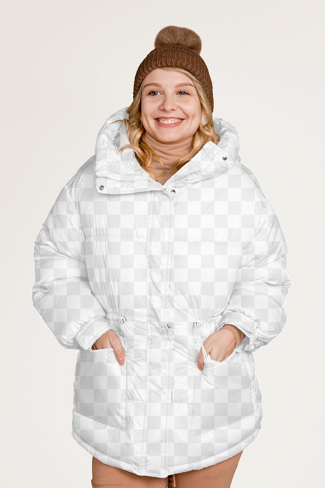 Down jacket png mockup, women's winter fashion, transparent design