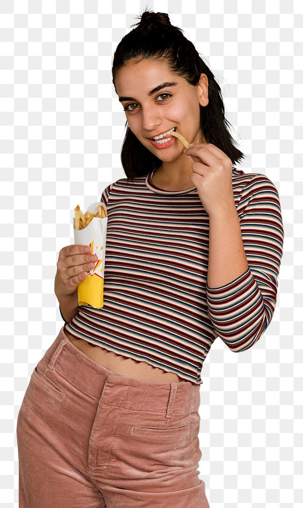 Png woman eating junk food sticker, transparent background