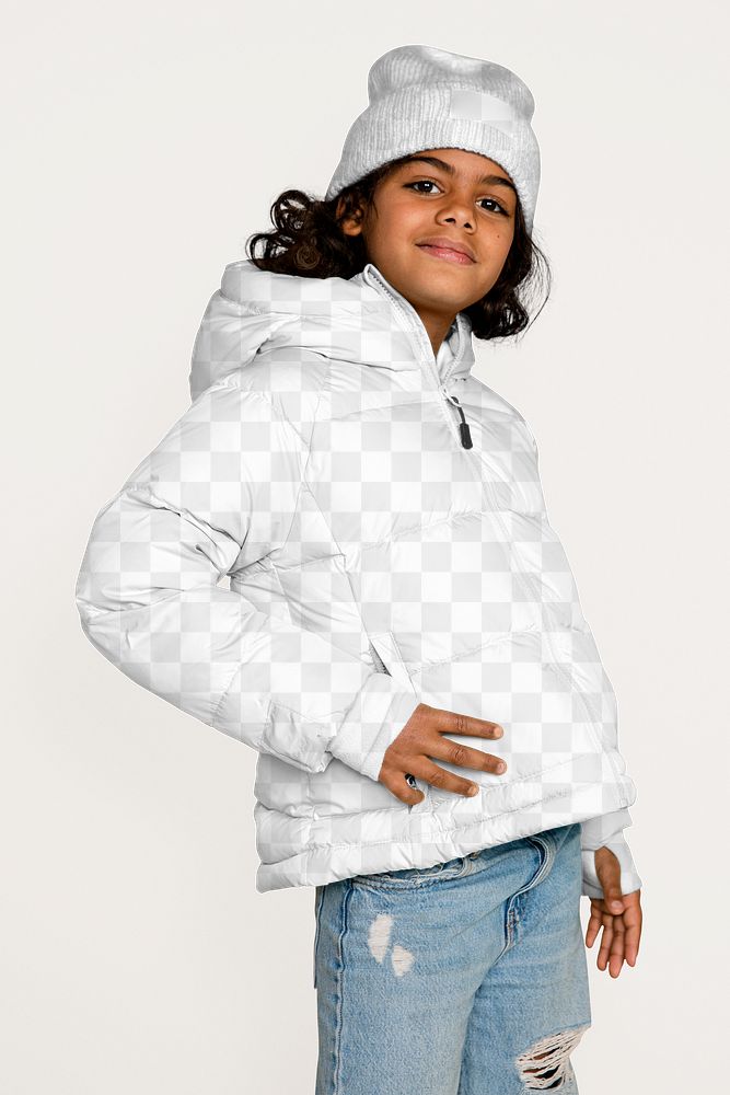 Png kid's winter outfit mockup, beanie & jacket, transparent design