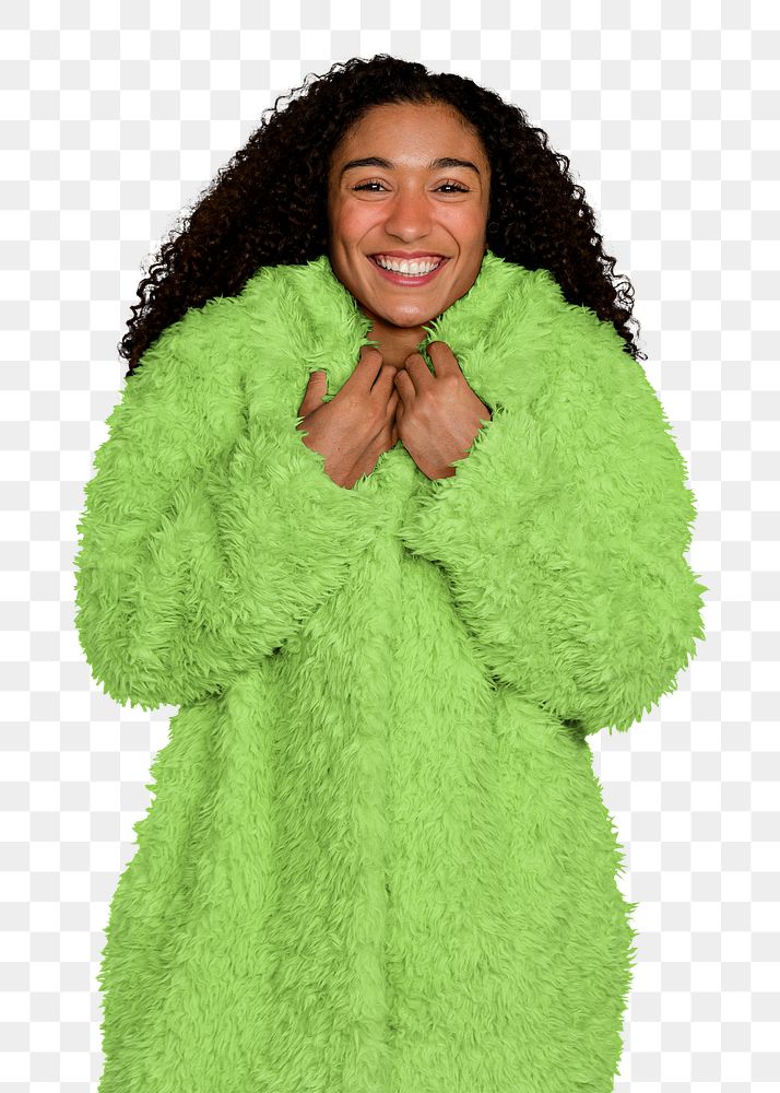 Png woman wearing green coat sticker, transparent background
