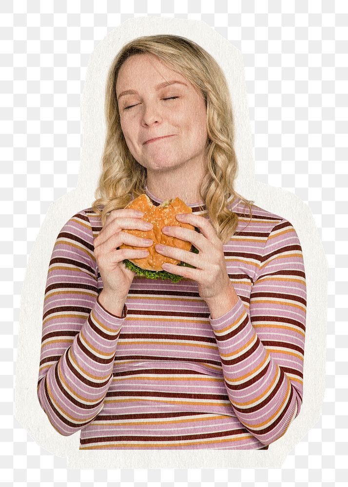 Woman eating hamburger png sticker, transparent background 