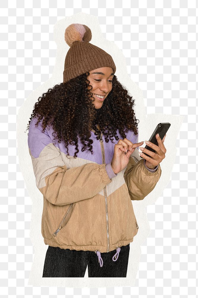 Woman texting png paper cut out sticker, transparent background