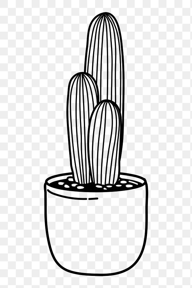 Cactus png doodle sticker, black & white illustration, transparent background