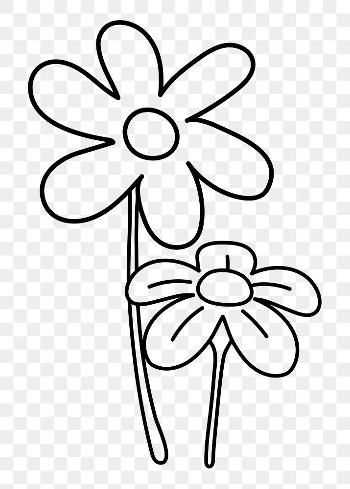Flower png doodle sticker, black & white illustration, transparent background