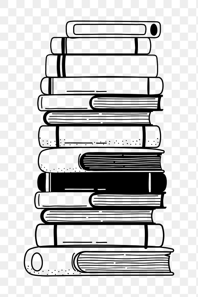 Book stack png doodle sticker, black & white illustration, transparent background