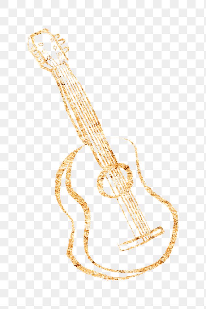 Acoustic guitar png sticker, gold glittery doodle, transparent background