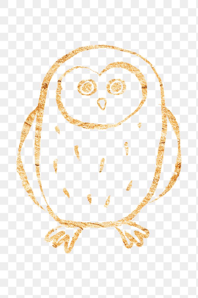 Owl bird png sticker, gold glittery doodle, transparent background