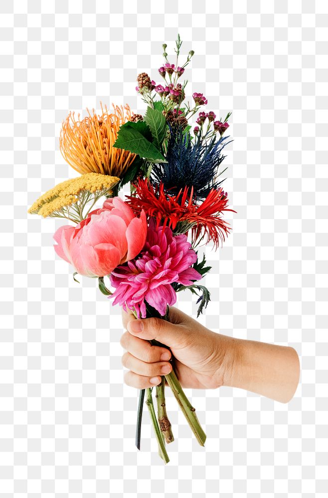 Png hand holding flower bouquet, transparent background