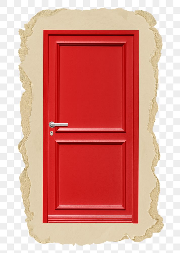 Red door png sticker, ripped paper, transparent background