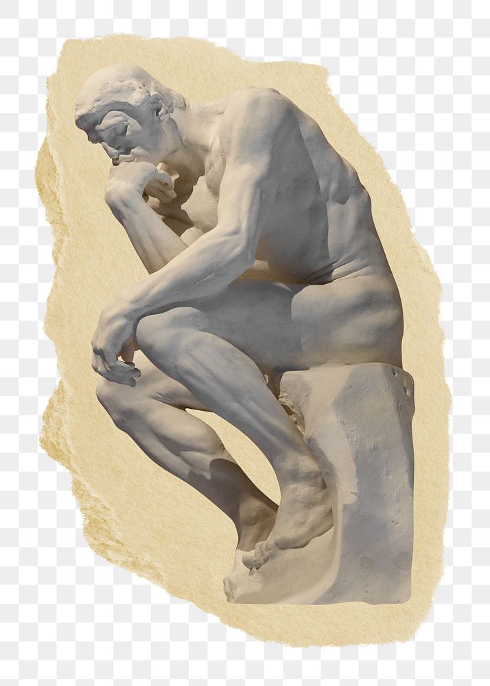 The Thinker statue png ripped paper sticker, historical sculpture graphic, transparent background