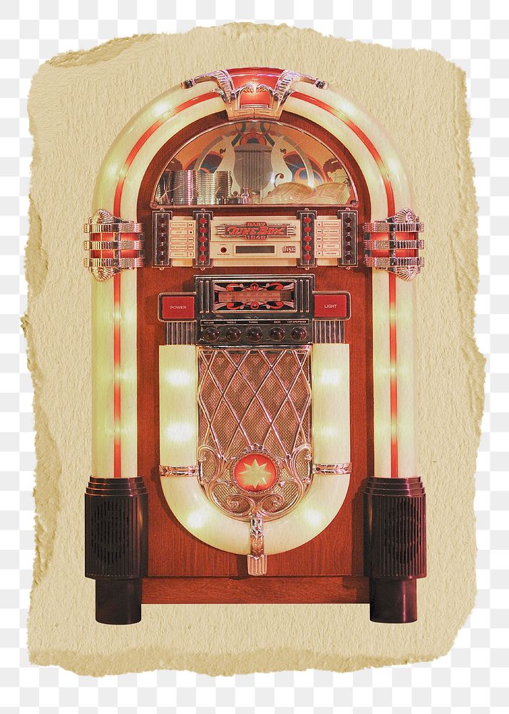 Retro jukebox png sticker, ripped paper, transparent background