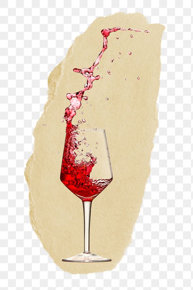 Red wine png splash ripped paper sticker, alcoholic beverage graphic, transparent background