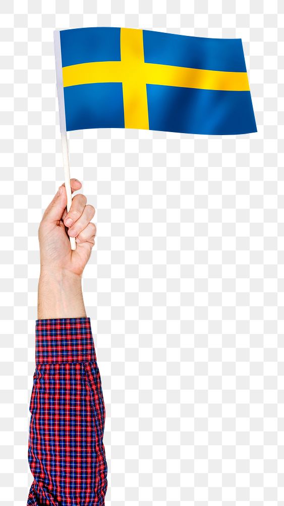 Png Swedish flag in hand sticker, national symbol, transparent background