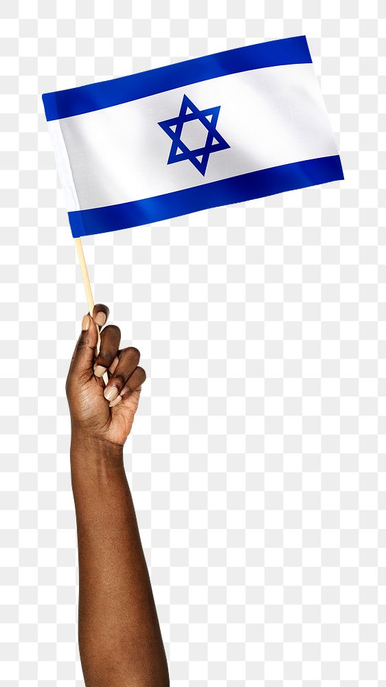 Israel's flag png in black hand sticker, national symbol on transparent background