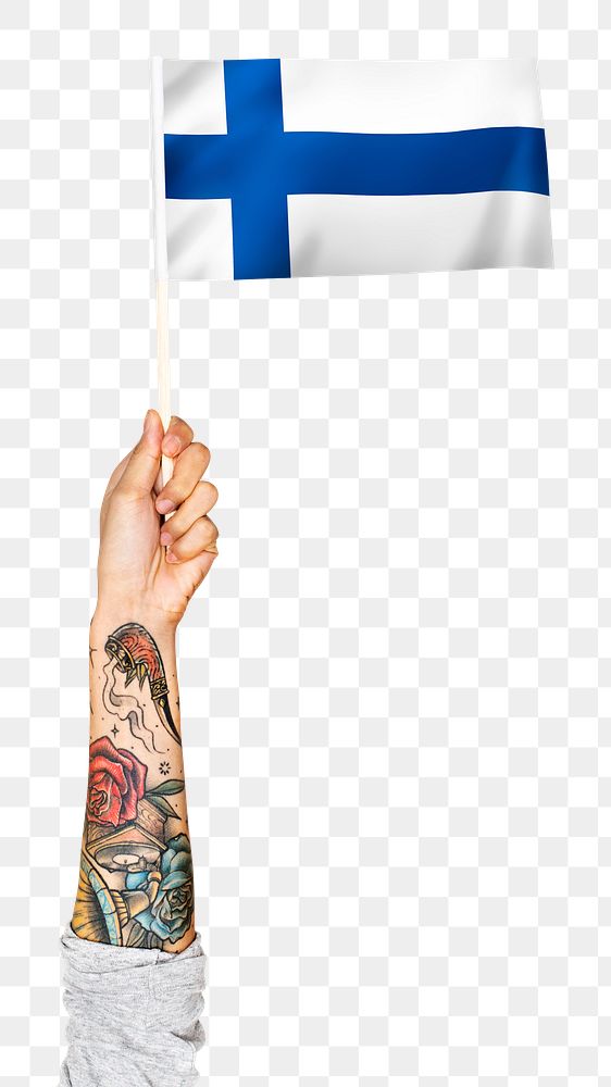 Finland's flag png in tattooed hand sticker on transparent background