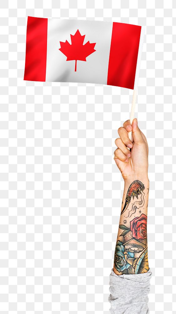 Canada's flag png in tattooed hand sticker on transparent background
