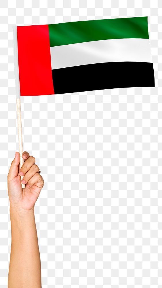 Png United Arab Emirates's flag in hand sticker, national symbol, transparent background