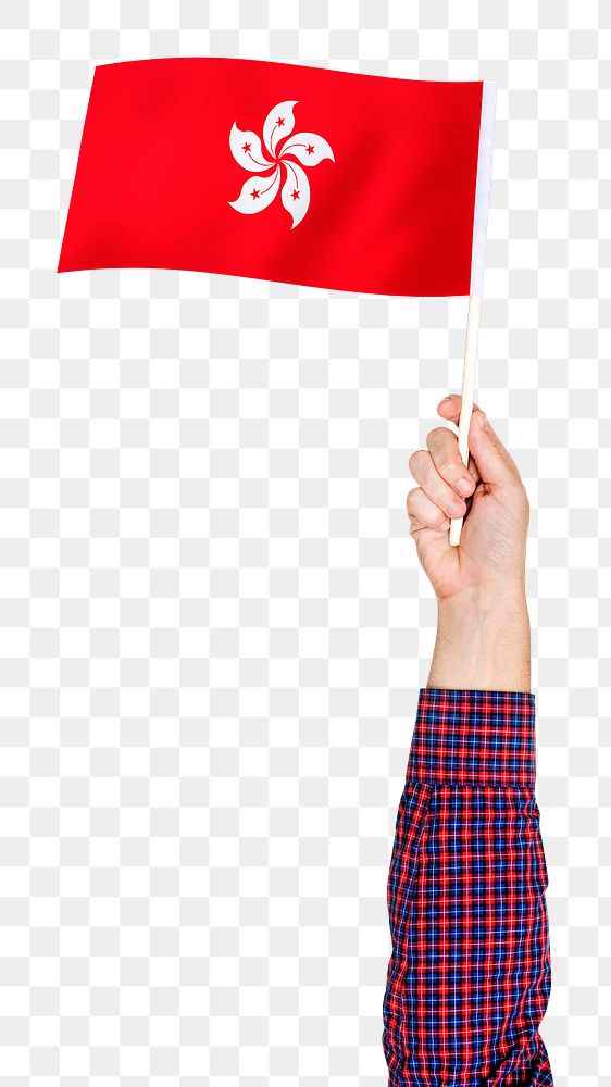 Hong Kong's flag png in hand sticker on transparent background
