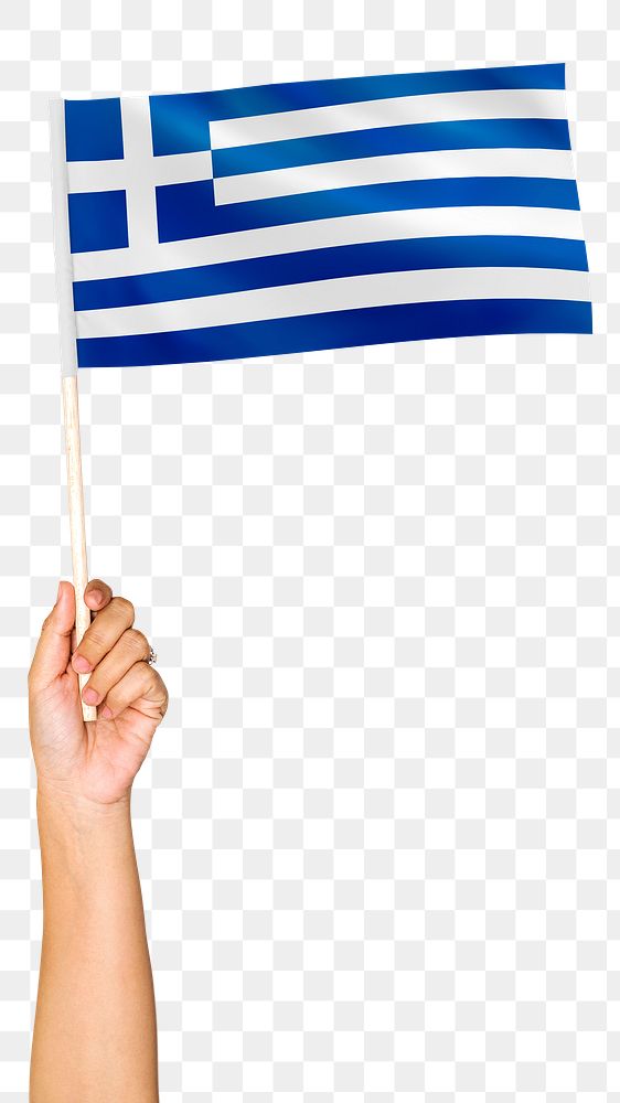 Greece's flag png in hand sticker on transparent background