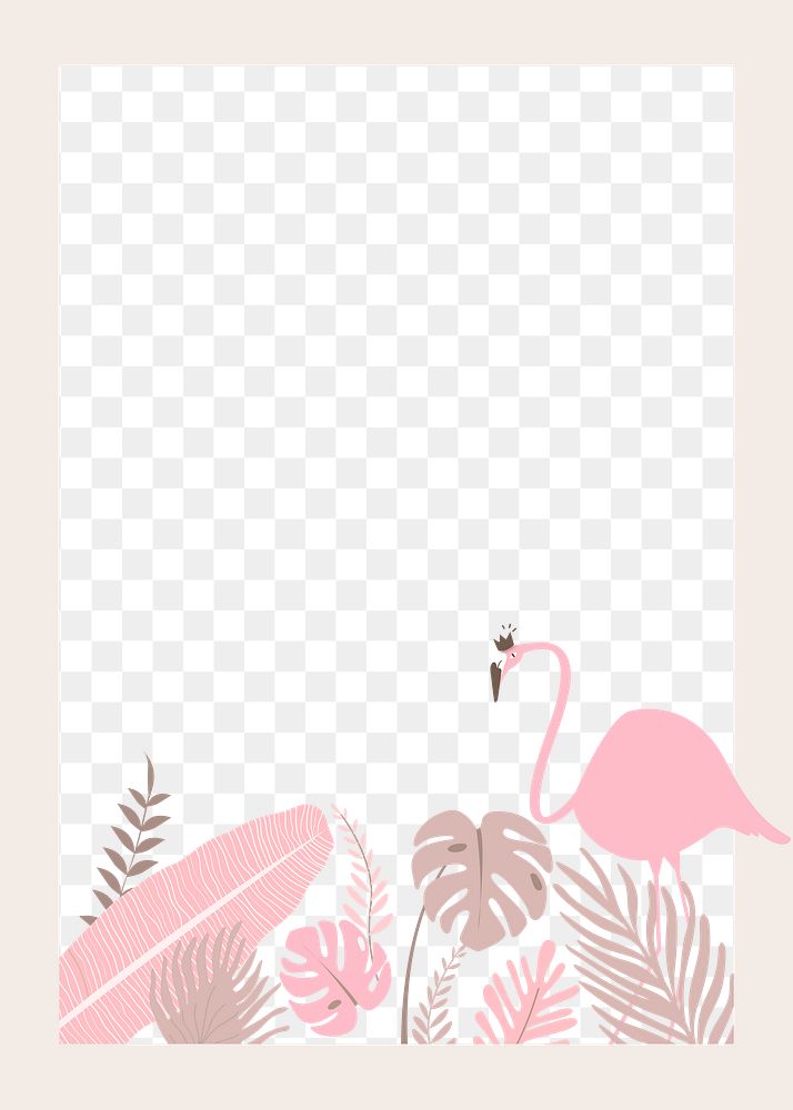 Pastel flamingo botanical png frame with tropical leaves, transparent background 