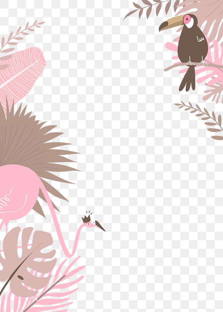 Pink botanical frame png with tropical flamingo, toucan, flamingo and leaves , transparent background 