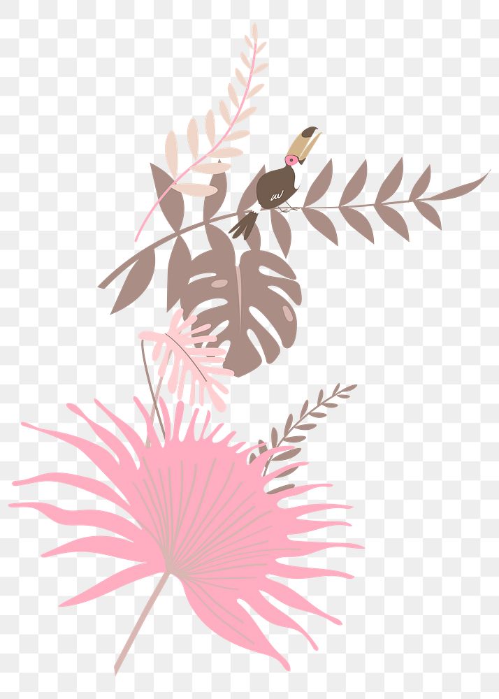 Pink botanical png clip art, aesthetic tropical leaves and bird graphic element on transparent background