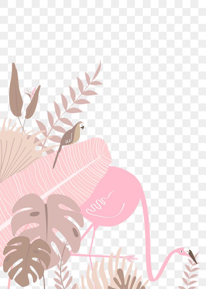 Flamingo botanical border png clip art, pink tropical leaves and bird graphic element on transparent background