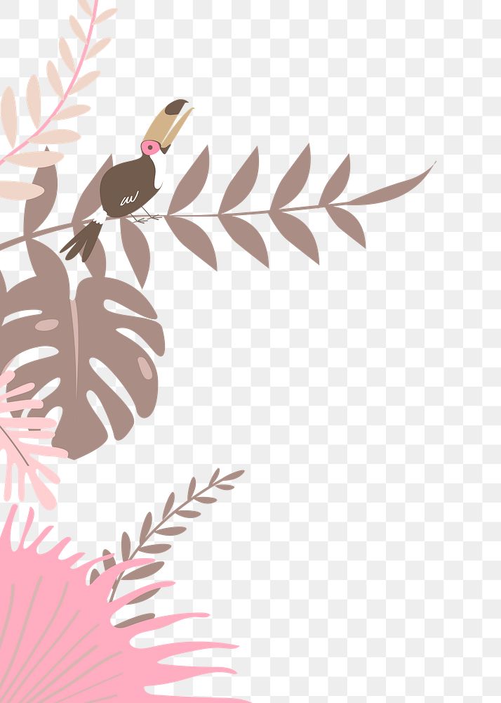 Pink botanical border png, aesthetic tropical leaves and bird graphic element on transparent background