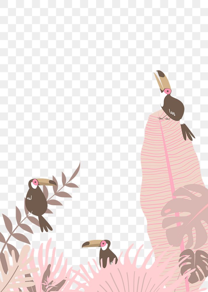 Pink botanical border png, aesthetic tropical leaves and toucan birds graphic element on transparent background