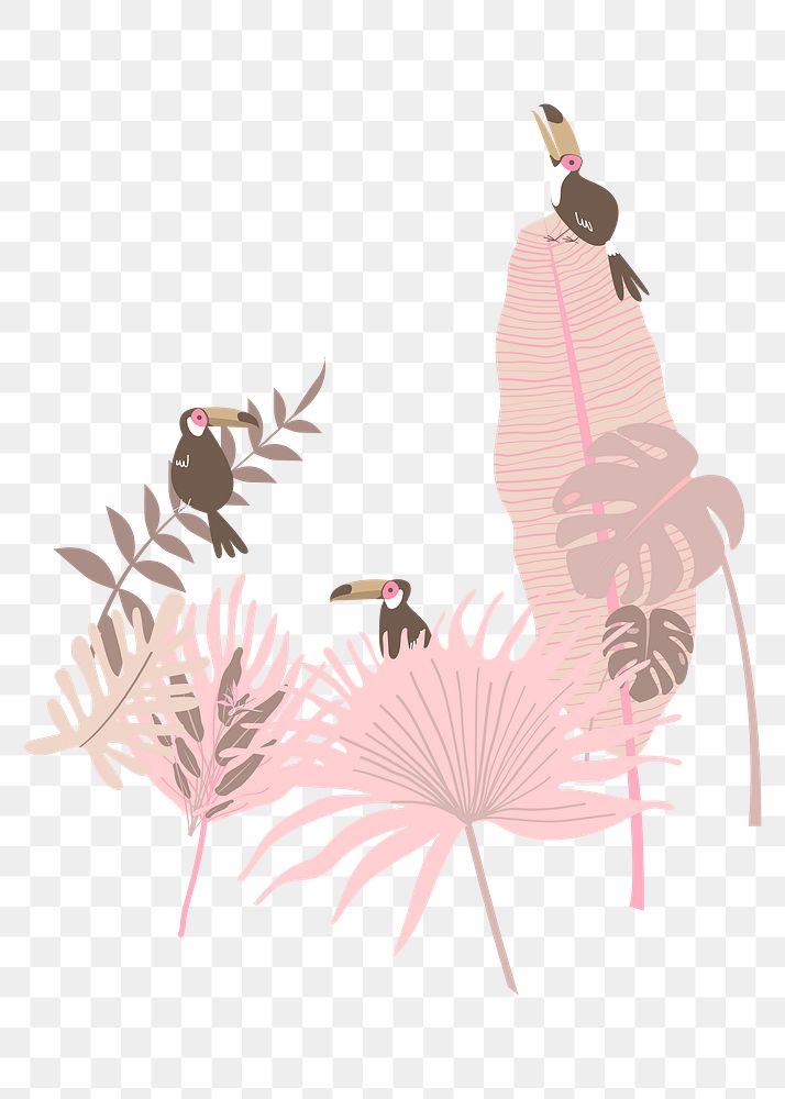 Pink botanical png clip art, aesthetic tropical graphic element with toucans and leaves, transparent background 