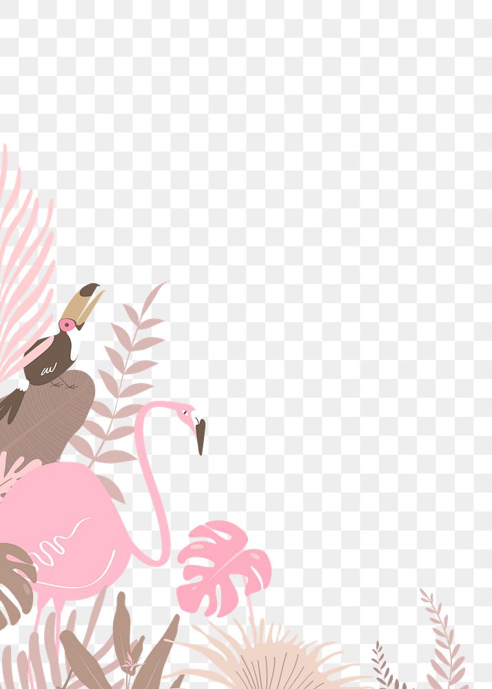 Pink botanical border png, aesthetic tropical leaves and bird graphic element on transparent background
