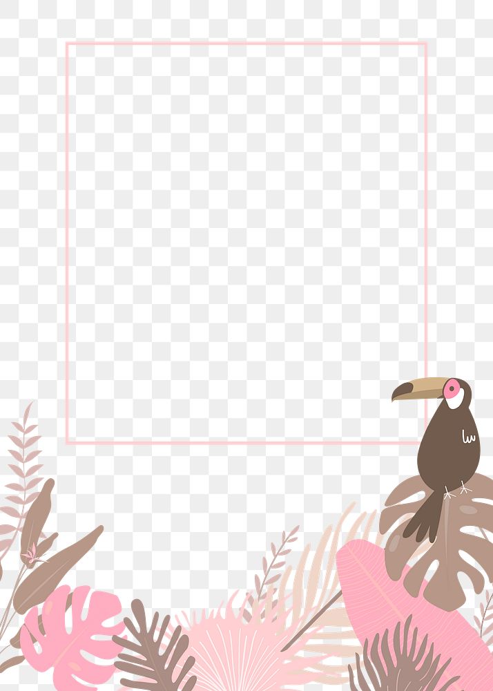 Rose gold botanical png frame with tropical leaves and toucan bird, transparent background 