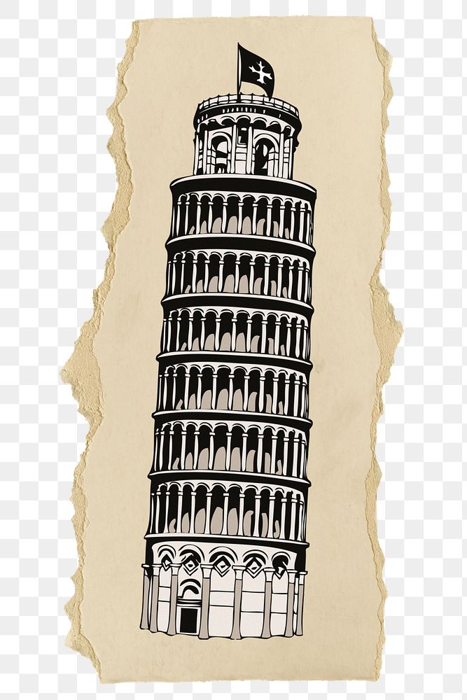 Leaning Tower of Pisa png sticker, ripped paper, transparent background