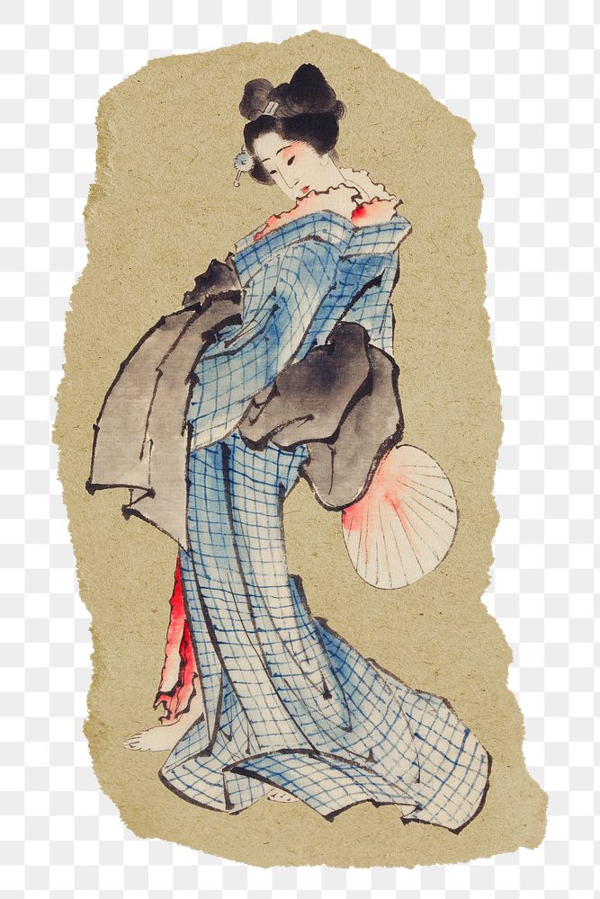 Png Hokusai's Japanese woman sticker, ukyio e vintage illustration on ripped paper, transparent background