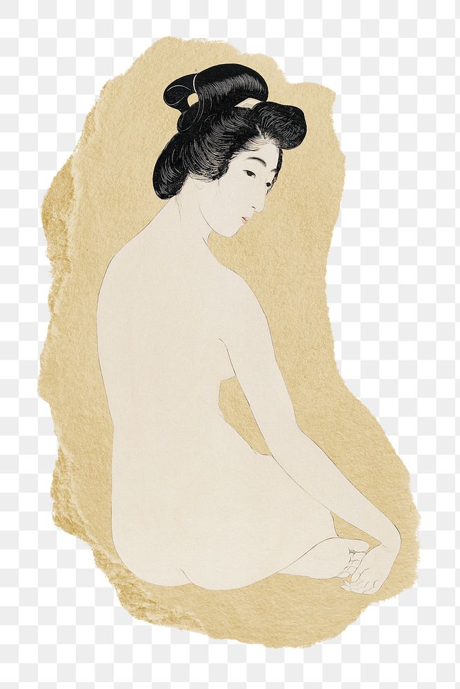 Png Hashiguchi's Woman After a Bath sticker, vintage illustration on ripped paper, transparent background