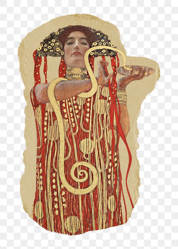 Png Gustav Klimt's Hygieia sticker, vintage illustration on ripped paper, transparent background