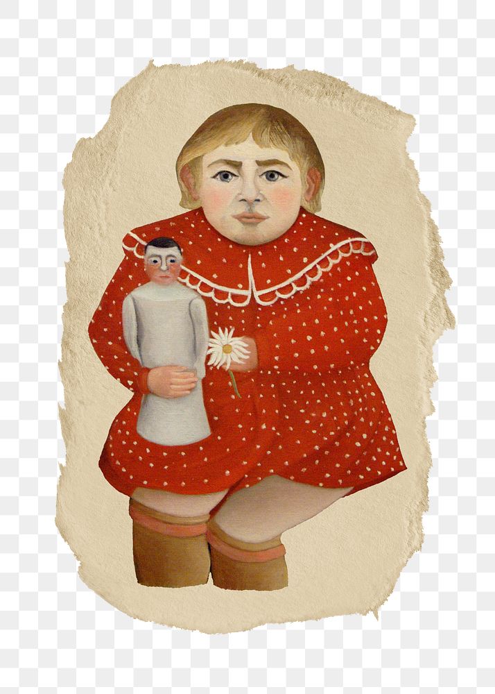 Png Rousseau's Child with Doll sticker, vintage illustration on ripped paper, transparent background