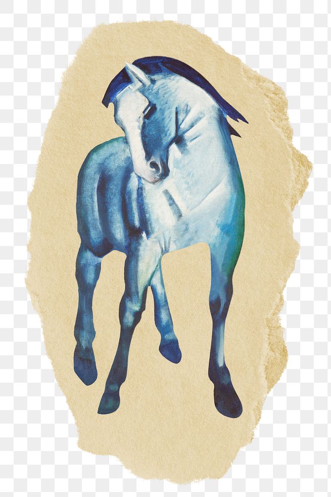 Png blue horse sticker, vintage animal illustration on ripped paper, transparent background