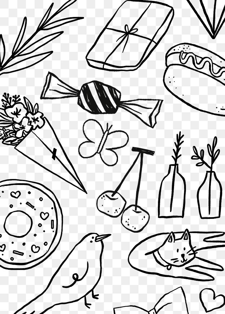 Cute doodle png pattern, black & white hand drawn design on transparent background 